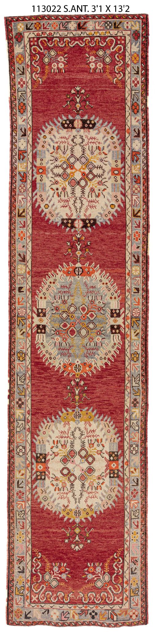 3x13 Red Vintage Turkish Runner Rug