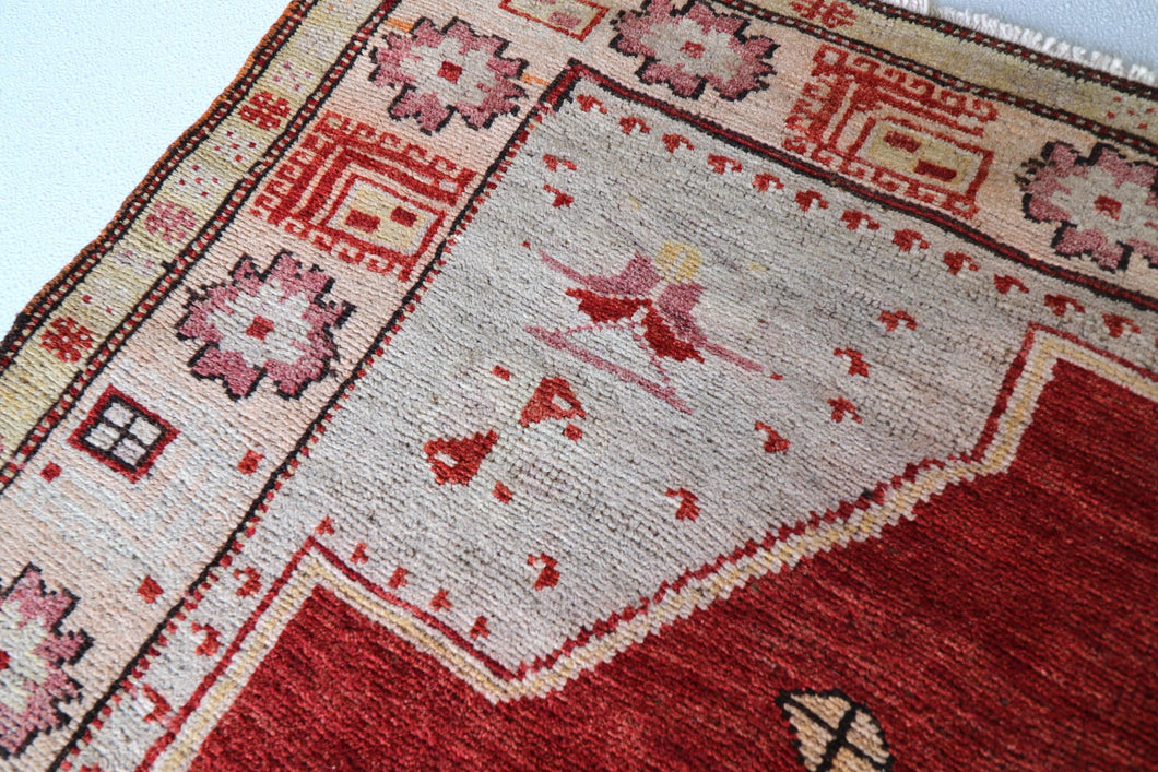 4x5 Red Vintage Turkish Area Rug