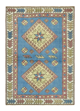 4x5 Steel Blue & Sage Green & Gray Purple Old & Vintage Turkish Area Rug