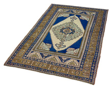 5x8 Steel Blue & Light Yellow & Dark Olive Green Old & Vintage Turkish Area Rug