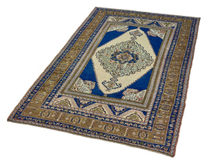 5x8 Steel Blue & Light Yellow & Dark Olive Green Old & Vintage Turkish Area Rug
