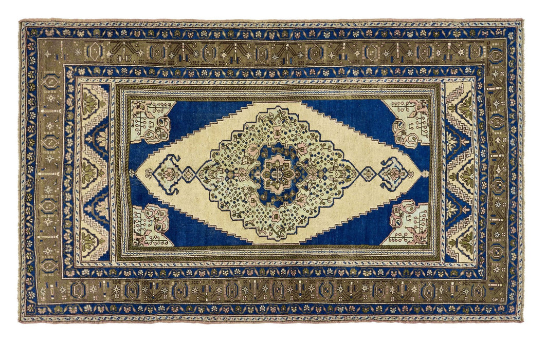5x8 Steel Blue & Light Yellow & Dark Olive Green Old & Vintage Turkish Area Rug